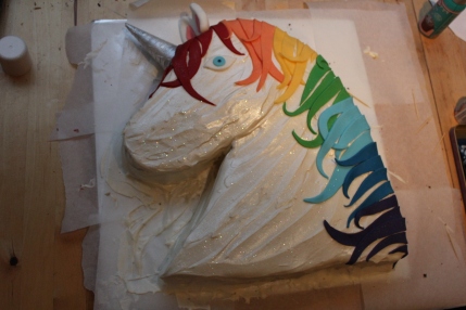 unicorn rainbow cake nearly finished